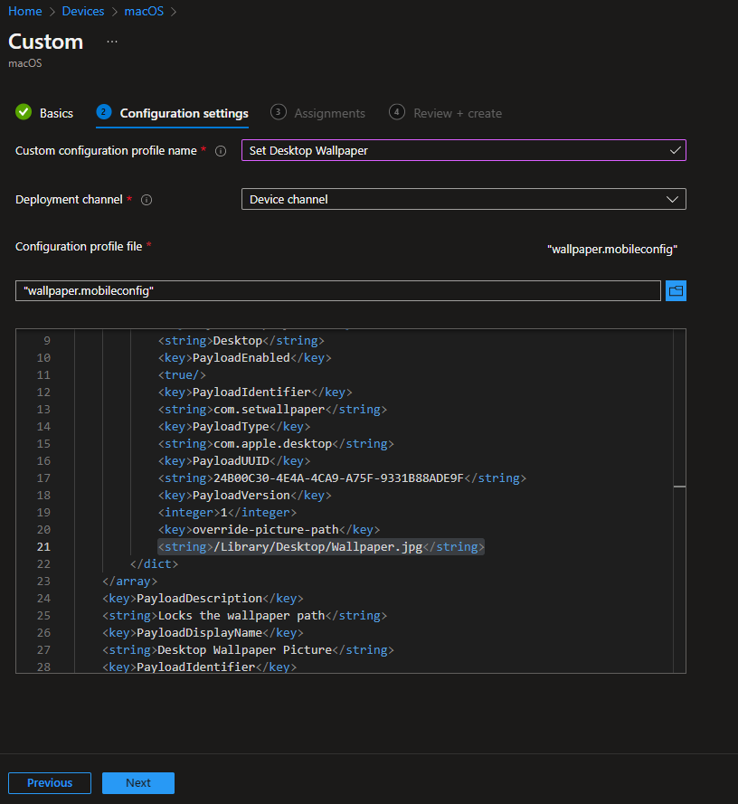 Mobileconfig XML content and wallpaper path